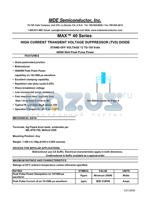 MAX40-20CA datasheet - HIGH CURRENT TRANSIENT VOLTAGE SUPPRESSOR (TVS) DIODE STAND-OFF VOLTAGE 12 TO 150 Volts 40000 Watt Peak Pulse Power