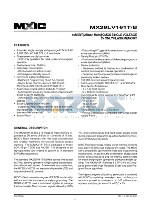 MX29LV161BTC-90R datasheet - 16M-BIT [2Mx8/1Mx16] CMOS SINGLE VOLTAGE 3V ONLY FLASH MEMORY