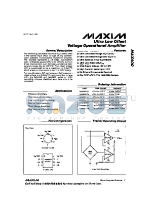 MAX400 datasheet - Ultra Low Offset Voltage Operational Amplifier