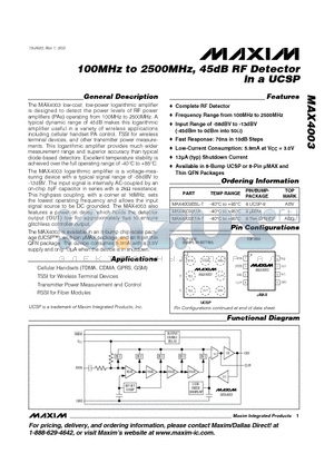 MAX4003EUA datasheet - 100MHz to 2500MHz, 45dB RF Detector in a UCSP