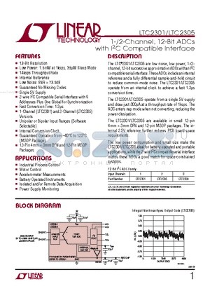 LTC2301IMSXTRPBF datasheet - 1-/2-Channel, 12-Bit ADCs with I2C Compatible Interface