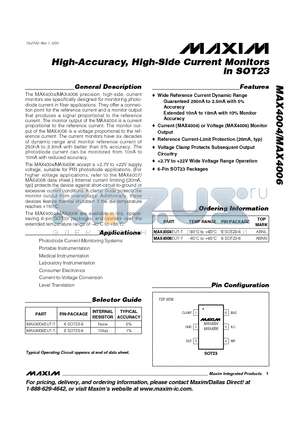 MAX4004 datasheet - High-Accuracy, High-Side Current Monitors in SOT23