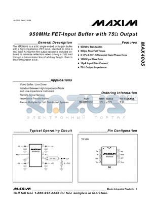 MAX4005 datasheet - 950MHz FET-Input Buffer with 75 Output