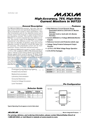 MAX4007 datasheet - High-Accuracy, 76V, High-Side Current Monitors in SOT23