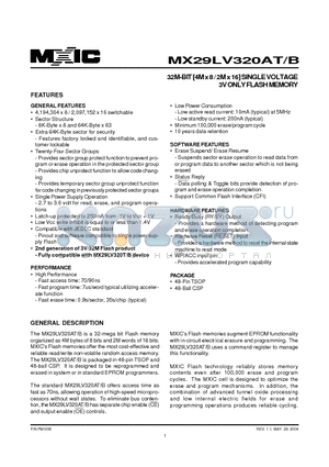 MX29LV320AT datasheet - 32M-BIT [4M x 8 / 2M x 16] SINGLE VOLTAGE 3V ONLY FLASH MEMORY