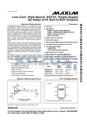 MAX4016 datasheet - Low-Cost, High-Speed, SOT23, Single-Supply Op Amps with Rail-to-Rail Outputs