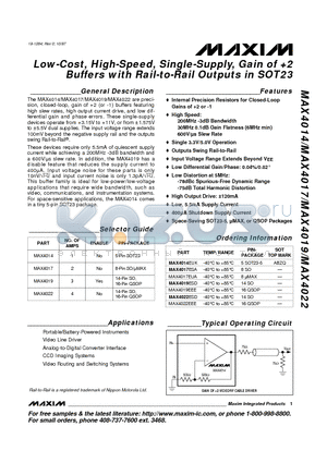 MAX4019 datasheet - Low-Cost, High-Speed, Single-Supply, Gain of 2 Buffers with Rail-to-Rail Outputs in SOT23