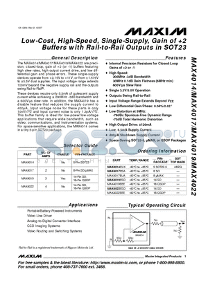 MAX4019EEE datasheet - Low-Cost, High-Speed, Single-Supply, Gain of 2 Buffers with Rail-to-Rail Outputs in SOT23