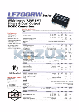 LF700RW datasheet - Wide Input, 7.5W SMT Single & Dual Output DC/DC Converters