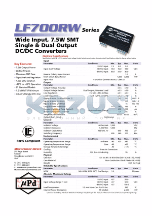 LF701RW datasheet - Wide Input, 7.5W SMT Single & Dual Output DC/DC Converters