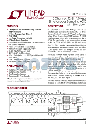 LTC2351CUH-12 datasheet - 6 Channel, 12-Bit, 1.5Msps Simultaneous Sampling ADC with Shutdown