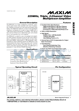 MAX4027 datasheet - 225MHz, Triple, 2-Channel Video Multiplexer-Amplifier