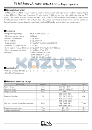 ELM85331AA-N datasheet - CMOS 800mA LDO voltage regulator