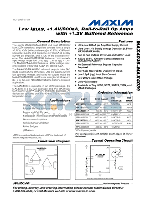 MAX4036EXK-T datasheet - Low IBIAS, 1.4V/800nA, Rail-to-Rail Op Amps with 1.2V Buffered Reference