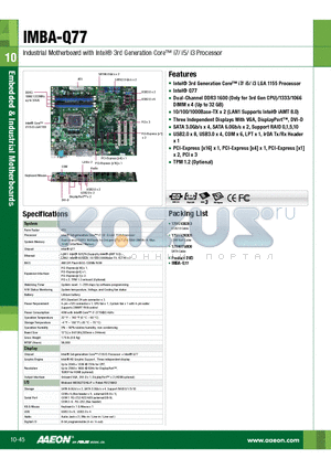 IMBA-Q77 datasheet - Intel^ 3rd Generation Core i7/ i5/ i3 LGA 1155 Processor