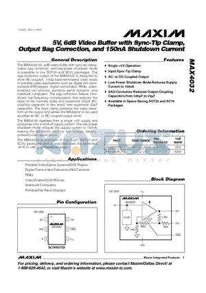 MAX4032 datasheet - 5V, 6dB Video Buffer with Sync-Tip Clamp, Output Sag Correction, and 150nA Shutdown Current