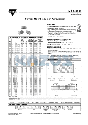 IMC-0402-01 datasheet - Surface Mount Inductor, Wirewound