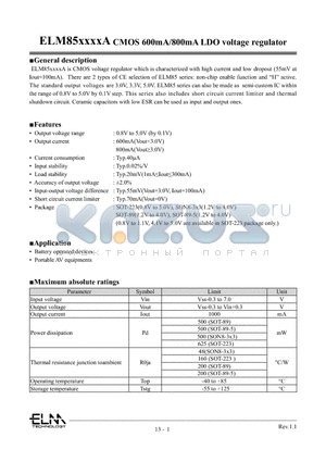 ELM85301GA-N datasheet - ELM85xxxxA CMOS 600mA/800mA LDO voltage regulator