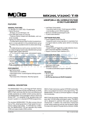 MX29LV320CBTI-90G datasheet - 32M-BIT [4M x 8 / 2M x 16] SINGLE VOLTAGE 3V ONLY FLASH MEMORY