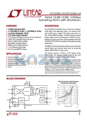 LTC2356CMSE-12PBF datasheet - Serial 12-Bit/14-Bit, 3.5Msps Sampling ADCs with Shutdown