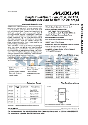 MAX4043 datasheet - Single/Dual/Quad, Low-Cost, SOT23, Micropower Rail-to-Rail I/O Op Amps
