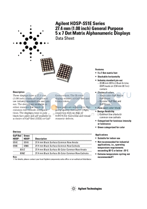 HDSP-S51E-GE000 datasheet - 27.4 mm (1.08 inch) General Purpose 5 x 7 Dot Matrix Alphanumeric Displays