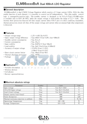 ELM863333B1A-S datasheet - Dual 400mA LDO Regulator