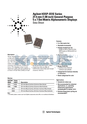 HDSP-S51G-GG500 datasheet - 27.4 mm (1.08 inch) General Purpose 5 x 7 Dot Matrix Alphanumeric Displays