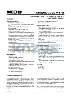 MX29LV320MTMC-70R datasheet - 32M-BIT [4M x 8/2M x 16] SINGLE VOLTAGE 3V ONLY FLASH MEMORY