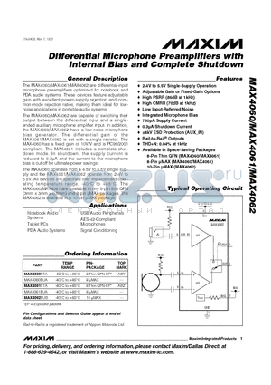 MAX4060-MAX4062 datasheet - Differential Microphone Preamplifiers with Internal Bias and Complete Shutdown