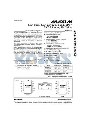 MAX4066ACEE datasheet - Low-Cost, Low-Voltage, Quad, SPST, CMOS Analog Switches