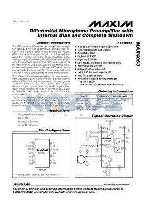 MAX4063ETE datasheet - Differential Microphone Preamplifier with Internal Bias and Complete Shutdown