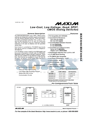 MAX4066AEEE datasheet - Low-Cost, Low-Voltage, Quad, SPST, CMOS Analog Switches