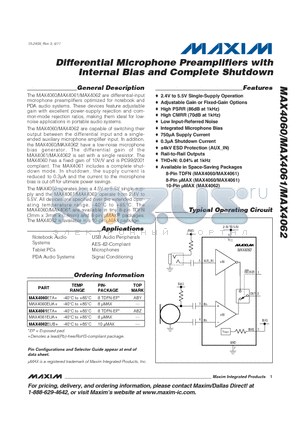 MAX4061 datasheet - Differential Microphone Preamplifiers with Internal Bias and Complete Shutdown