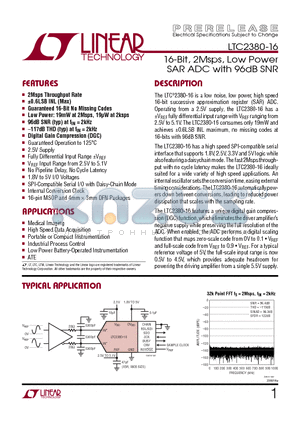LTC2380HMS-16PBF datasheet - 16-Bit, 2Msps, Low Power SAR ADC with 96dB SNR