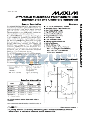 MAX4062 datasheet - Differential Microphone Preamplifiers with Internal Bias and Complete Shutdown