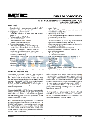 MX29LV400BMI-70 datasheet - 4M-BIT [512K x 8 / 256K x 16] CMOS SINGLE VOLTAGE 3V ONLY FLASH MEMORY