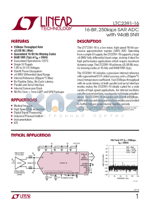 LTC2391CUK-16PBF datasheet - 16-Bit, 250ksps SAR ADC with 94dB SNR