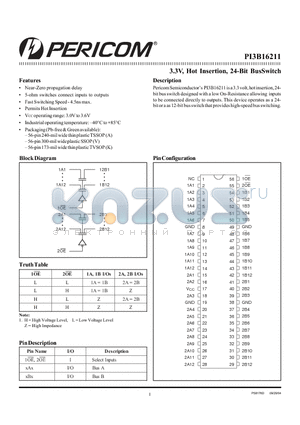 PI3B16211A datasheet - 3.3V, Hot Insertion, 24-Bit BusSwitch