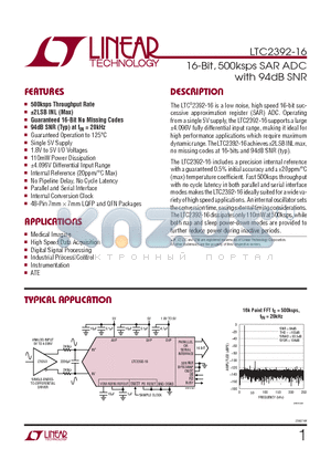 LTC2392-16 datasheet - 16-Bit, 500ksps SAR ADC with 94dB SNR