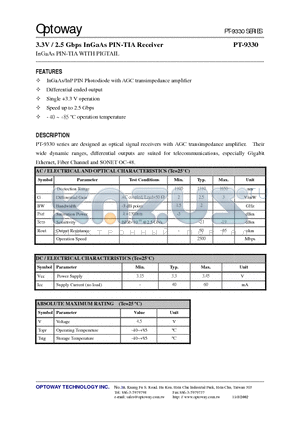 PT-9300-HX datasheet - 3.3V / 2.5 Gbps InGaAs PIN-TIA Receiver