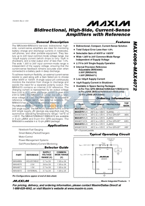 MAX4070 datasheet - Bidirectional, High-Side, Current-Sense Amplifiers with Reference