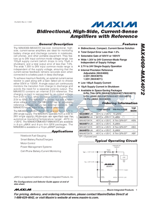 MAX4071 datasheet - Bidirectional, High-Side, Current-Sense Amplifiers with Reference