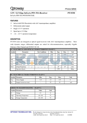 PT-9300-XSA datasheet - 3.3V / 2.5 Gbps InGaAs PIN-TIA Receiver