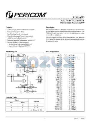 PI3B16233 datasheet - 3.3V, 16-Bit to 32-Bit FET