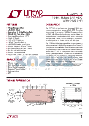 LTC2393CUK-16PBF datasheet - 16-Bit, 1Msps SAR ADC With 94db SNR