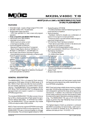 MX29LV400CBTI-55R datasheet - 4M-BIT [512K x 8 / 256K x 16] CMOS SINGLE VOLTAGE 3V ONLY FLASH MEMORY