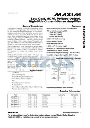 MAX4073TAXK-T datasheet - Low-Cost, SC70, Voltage-Output, High-Side Current-Sense Amplifier