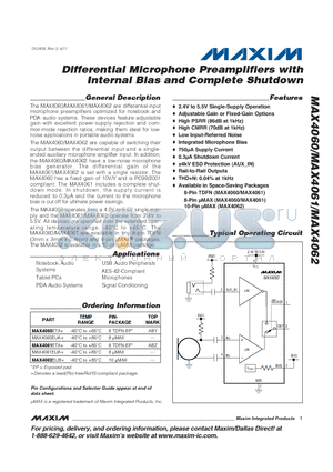 MAX4060 datasheet - Differential Microphone Preamplifiers with Internal Bias and Complete Shutdown