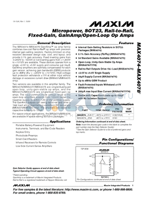 MAX4077EUA datasheet - Micropower, SOT23, Rail-to-Rail, Fixed-Gain, GainAmp/Open-Loop Op Amps